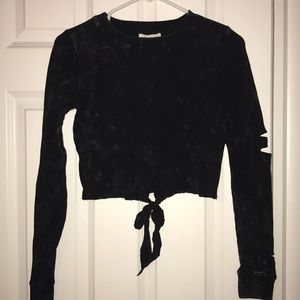 Black distressed crop tie up crop top